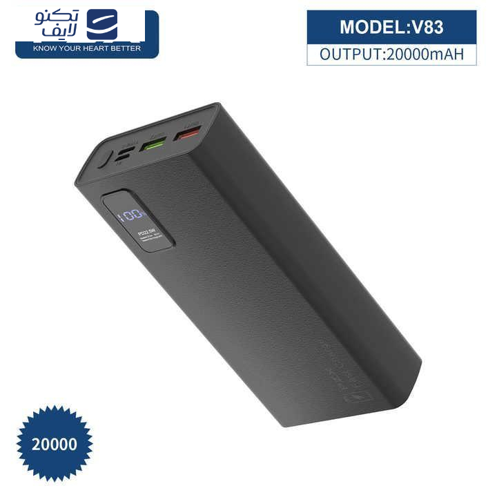 پاوربانک پی زد ایکس مدل V83 Fast Charge 22.5W ظرفیت 20000 میلی آمپر ساعت