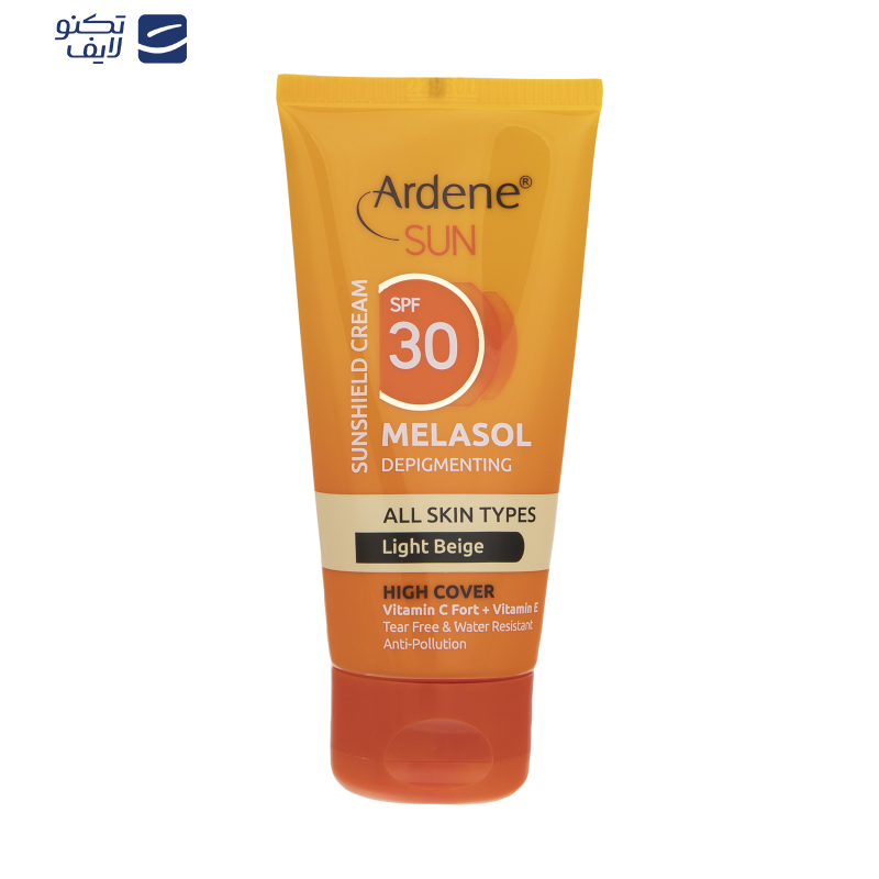کرم ضد آفتاب رنگی آردن سان، SPF 30، مدل Light Beige، مناسب انواع پوست با تنالیته روشن و حجم 50 میلی‌لیتر، ضد آب، محافظت‌کننده در برابر اشعه‌های UVA و UVB، ضد لک، دارای فرمولاسیون ویتامین‌های C و E، با ماندگاری 2 ساعته