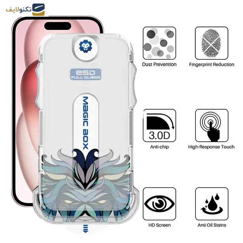محافظ صفحه نمایش اپیکوی مدل Lion ESD Easy Install مناسب برای گوشی موبایل اپل iPhone 15 به همراه کیت نصب