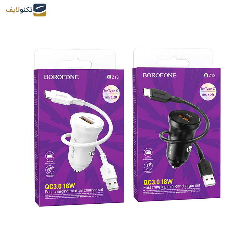 شارژر فندکی بروفون مدل BZ18 QC3.0 18W به همراه کابل تبدیل USB-C
