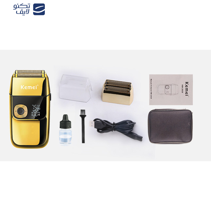 ماشین اصلاح موی سر و صورت کیمی مدل 2028، اصلاح به صورت خط زن، منبع انرژی با برق، تکنولوژی اصلاح به صورت برش مستقیم، مدت زمان شارژ 120 دقیقه و مدت زمان استفاده پس از شارژ 120 دقیقه، دارای نمایشگر دیجیتال برای میزان شارژ و سرعت، به همراه برس تمیزکننده