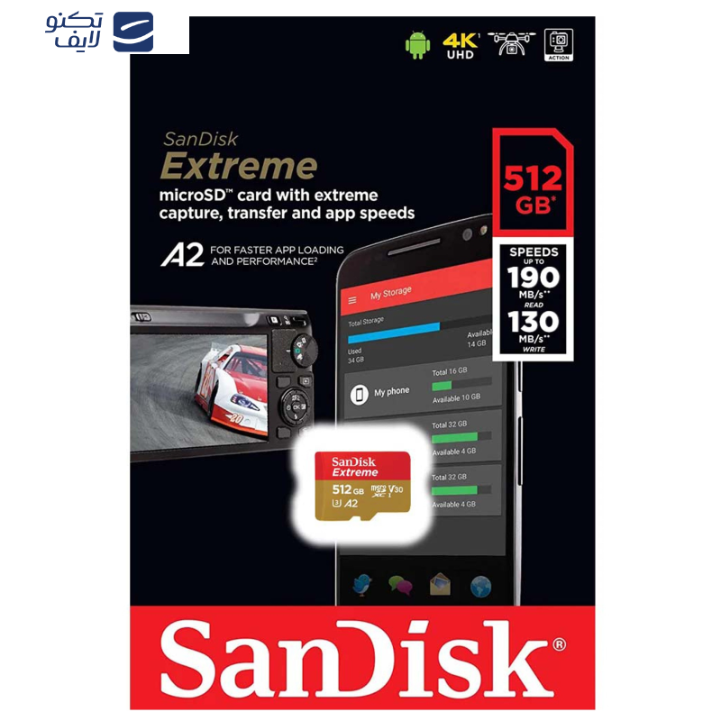 کارت حافظه microSDXC سن دیسک مدل Extreme کلاس A2 استاندارد UHS-I U3 سرعت 190MBps ظرفیت 512 گیگابایت