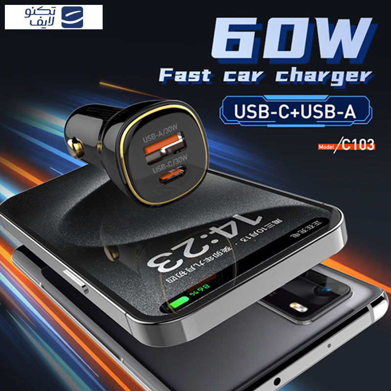 شارژر فندکی 60 وات الدینیو مدل C103 به همراه کابل USB-C