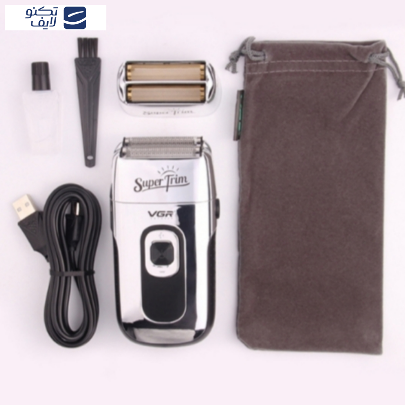 ماشین اصلاح موی صورت وی جی ار مدل V_332، اصلاح به صورت فویلی، صفر زن، منبع انرژی باتری قابل شارژ، تکنولوژی اصلاح به صورت برش چرخشی، به همراه برس تمیزکننده، جنس تیغه از استیل ضد زنگ