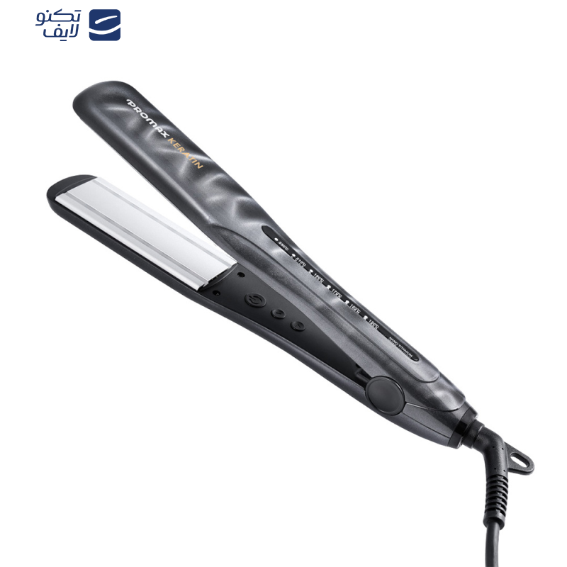 اتو مو پرومکس مدل 5764K، با صفحات پهن از جنس سرامیک، دارای نشانگر LED، گستره دما 220 تا 240 درجه سانتی‌گراد، به همراه سیم 3 متری