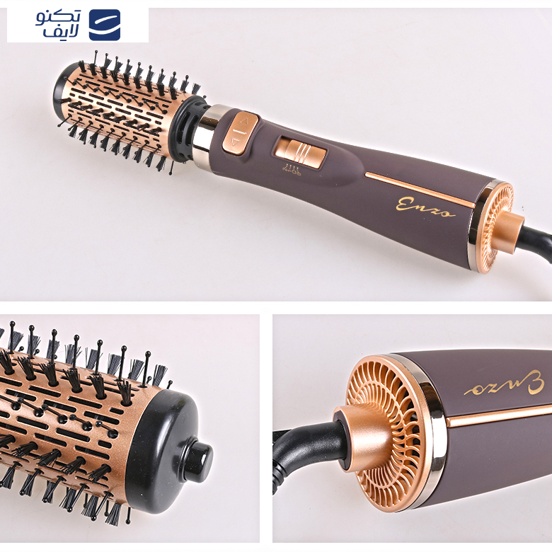 سشوار برس‌دار چرخشی حرفه‌ای انزو مدل EN-743، موتور DC با توان مصرفی 1500 وات، دارای قابلیت تعویض سری، باد سرد، با حالت صاف‌کننده و حجم‌دهنده، وزن 700 گرم، تنظیم حرارت 2 حالته و کنترل سرعت 2 حالته، به همراه 2 سری برس‌دار