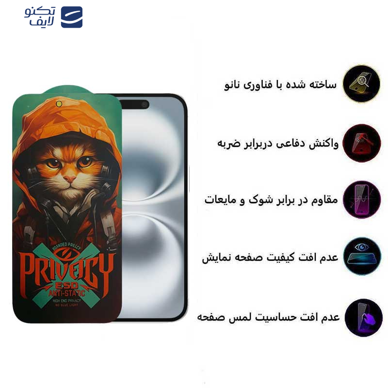 gallery-محافظ صفحه نمایش حریم شخصی گوشی اپل iPhone 16 - 15 - 14 Pro اپیکوی مدل Privacy Hoodie Cat copy.png