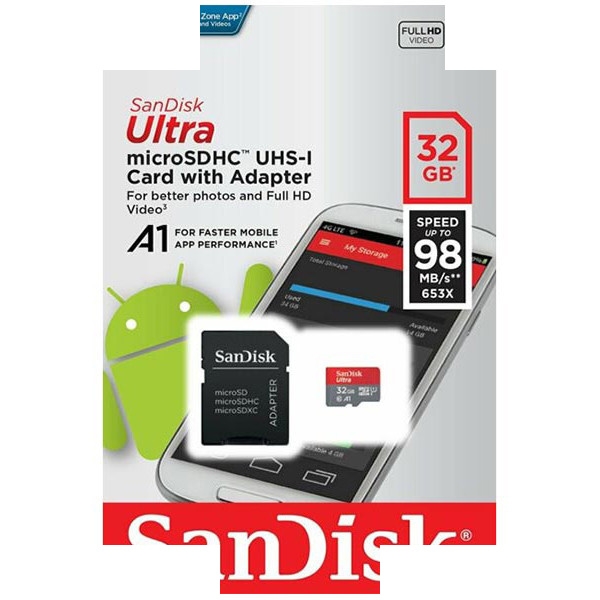 کارت حافظه microSDHC سن دیسک مدل Ultra A1 کلاس 10 استاندارد UHS-I سرعت 98MBps ظرفیت 32 گیگابایت به همراه آدابتور sd