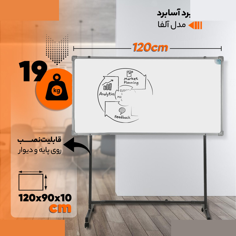 تخته وایت برد آسابرد مدل آلفا سایز 120 × 90 سانتی متر به همراه پایه نگهدارنده