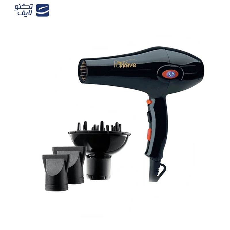 سشوار حرفه‌ای پروویو مدل PW-3111، موتور AC با توان مصرفی 2300 وات، دارای قابلیت باد سرد، فناوری تولید یون، صفحه نمایش، با حالت حجم‌دهنده و صاف‌کننده، وزن 700 گرم، تنظیم حرارت 3 حالته و کنترل سرعت 2 حالته، به همراه سری متمرکزکننده پهن و باریک