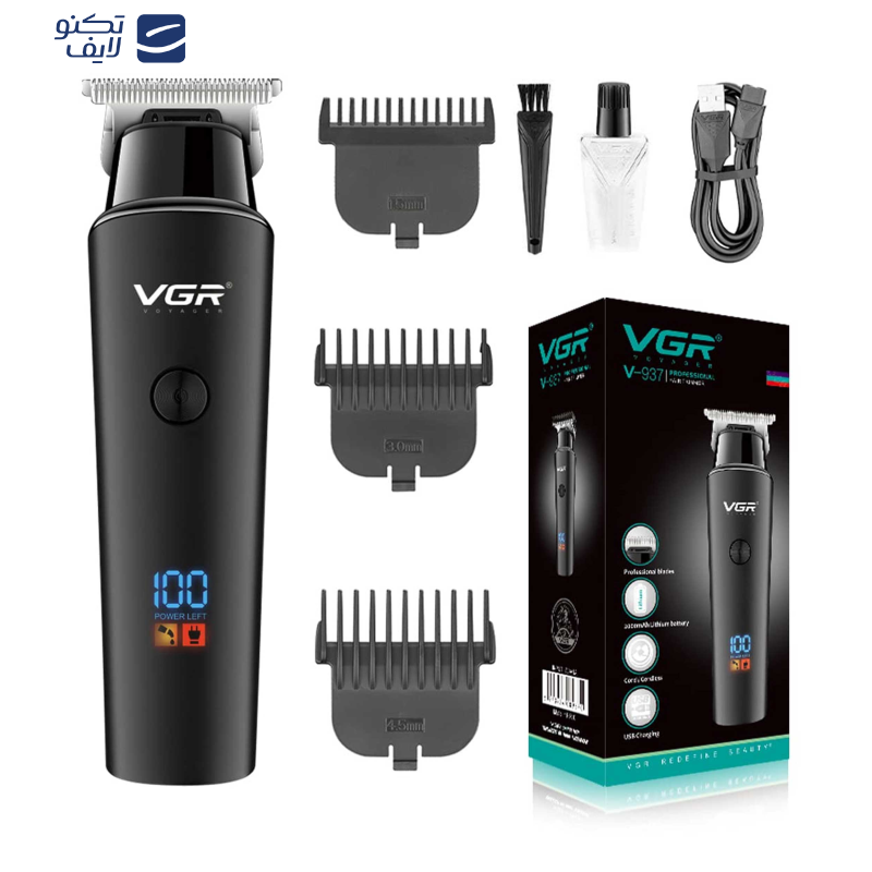 ماشین اصلاح موی سر و صورت وی جی ار مدل 937، اصلاح به صورت تریمر، تکنولوژی اصلاح به صورت برش مستقیم، اندازه اصلاح 0.5 میلی‌متر، دارای نمایشگر دیجیتال و حالت توربو