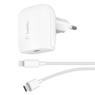 شارژر دیواری بلکین مدل WCA003vf04 توان 20 وات + کابل تبدیل USB-C به لایتنینگ