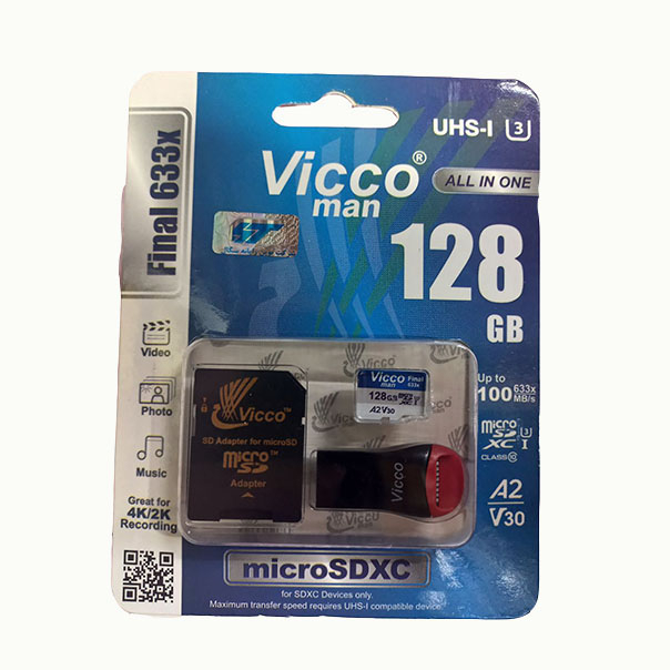 کارت حافظه micro SDXC ویکومن مدل 633X Plus کلاس 10 استاندارد UHS-I U3 سرعت ۱۰۰MBS ظرفیت 128 گیگابایت به همراه کارت خوان