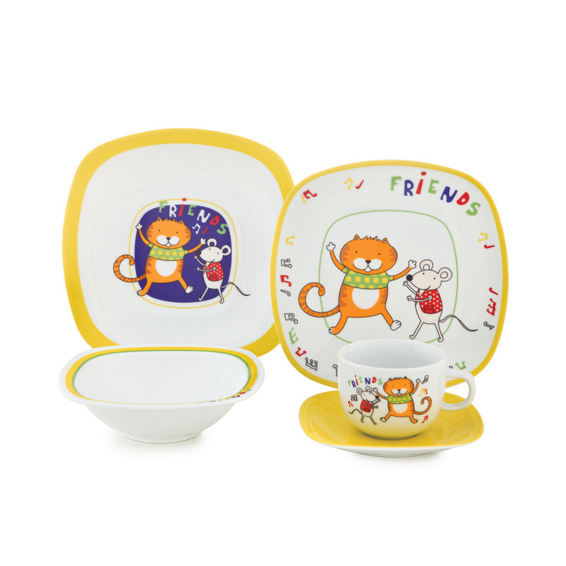 سرویس غذاخوری 5 پارچه کودک چینی زرین ایران مدل کواترو دوستان درجه عالی